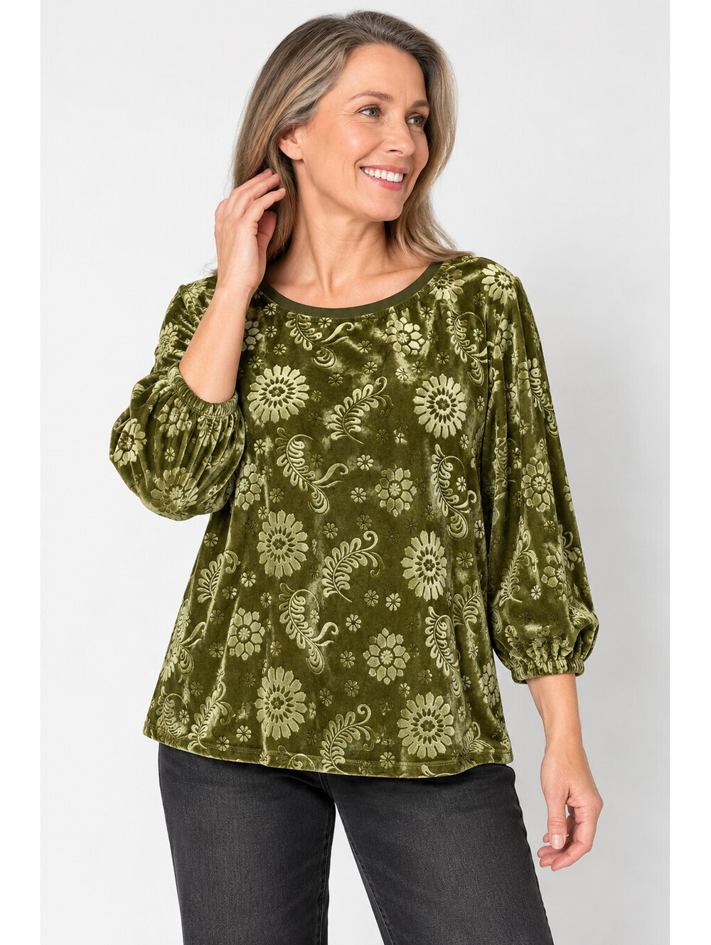 LOGO by Lori Goldstein Rayon 230 & Velour Scoop Neck Top Olive Branch, Medium